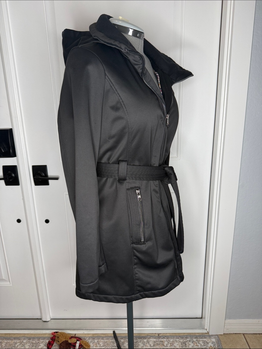 Steve Madden Black Belted Trench Coat with Detachable Hood